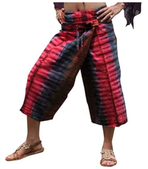 Thin Striped Cotton Two Tone Fisherman Capri Wrap Pants