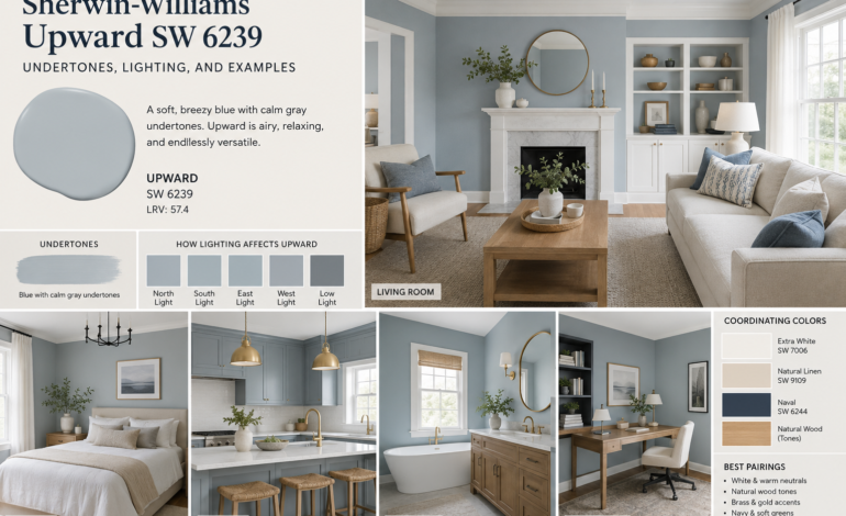 Sherwin-Williams Upward SW 6239 blue-gray paint in living room, bedroom, kitchen, and bathroom examples with undertones and lighting effects.