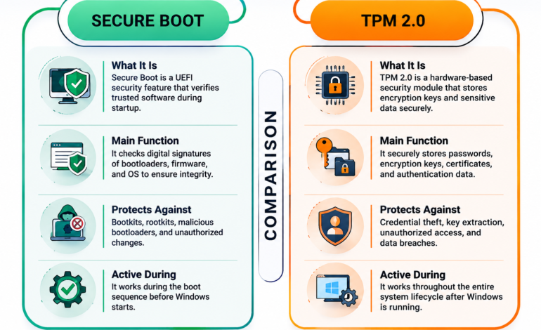Comparison of Secure Boot vs TPM 2.0 showing their roles in Windows 11 security and startup protection.